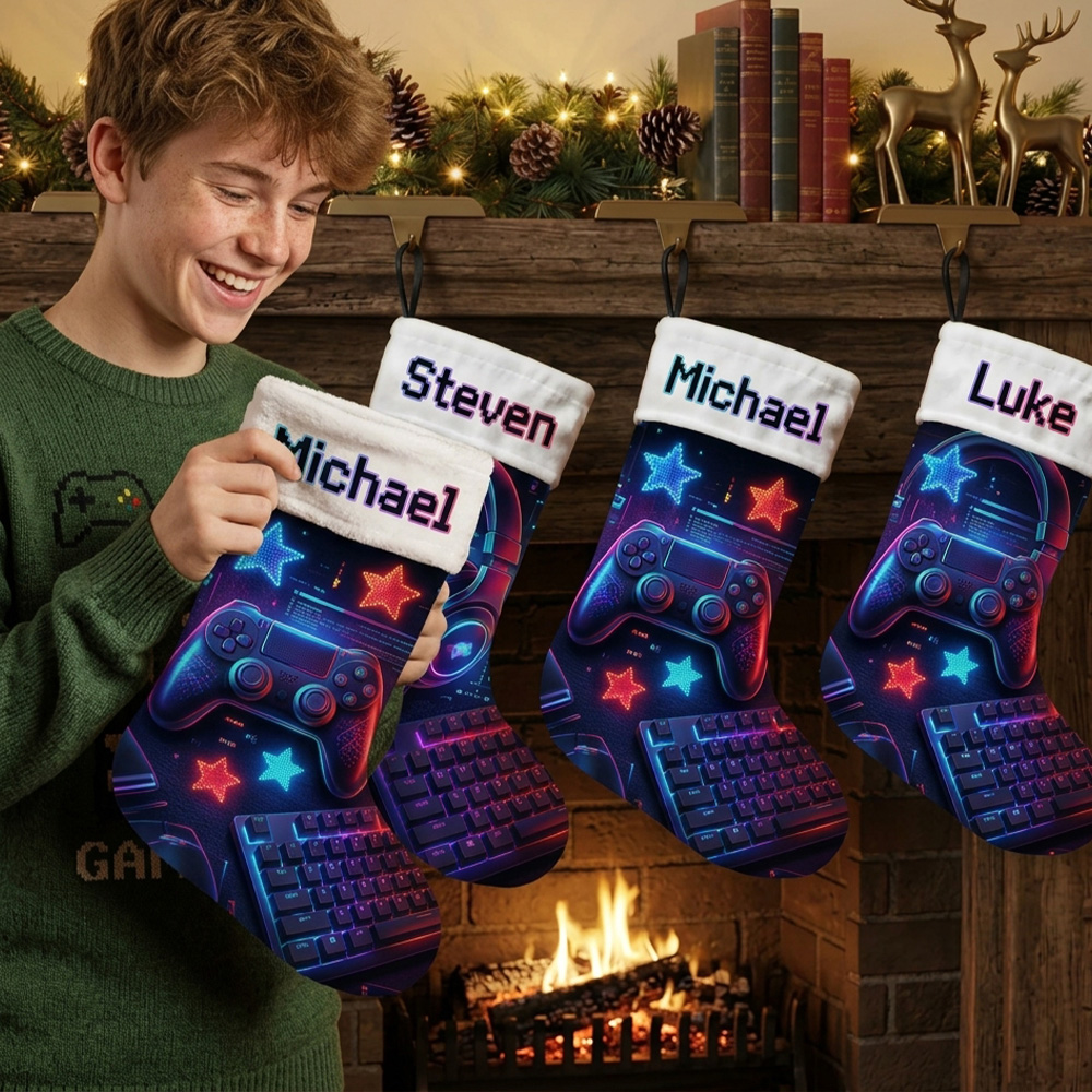 Personalized Gamer Christmas Stocking Custom Name Gaming Keyboard Headset Neon Lights Gift For Video Game Lover Holiday Fireplace Mantel Decoration