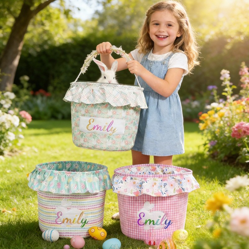 Personalized Unique Custom Name Adorable Rabbit Surrounded by Flowers Kids Holiday Treat Holder Easter Basket