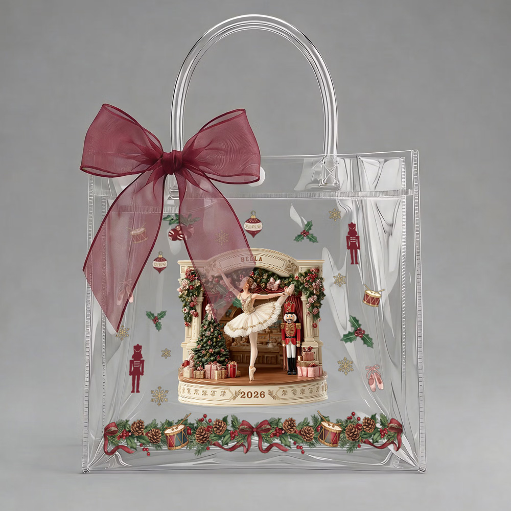 Personalized Name Year Nutcracker Ballerina Christmas Gift Bag with Burgundy Bow Ribbon PVC Clear Tote Bag, Christmas Gift for Ballet Lovers