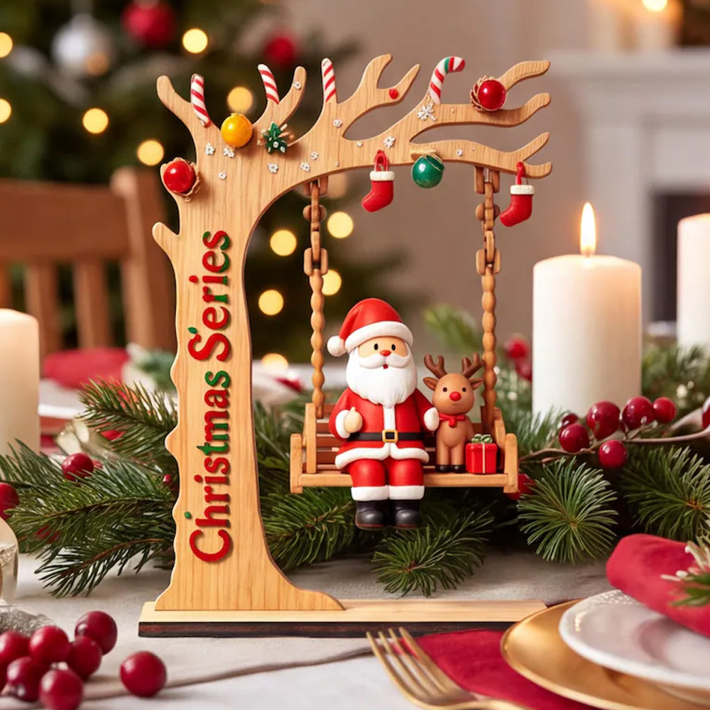 Wooden Santa Swing Shelf Ornament Cute Reindeer Gift Desk Christmas Series Holiday Decor Figurine