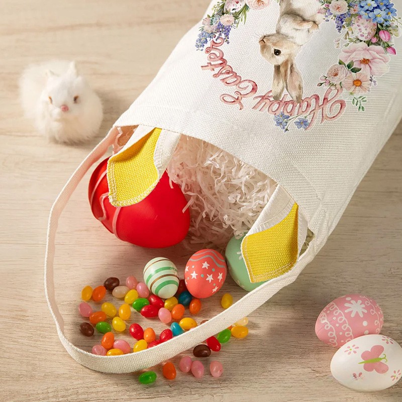 Personalized Wreath Cartoon Rabbit Easter Basket with Name and Bunny Ears Egg Hunting Accessory Easter Gift for Kids