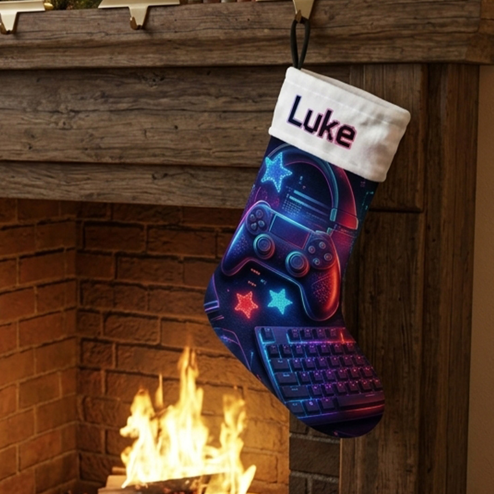 Personalized Gamer Christmas Stocking Custom Name Gaming Keyboard Headset Neon Lights Gift For Video Game Lover Holiday Fireplace Mantel Decoration
