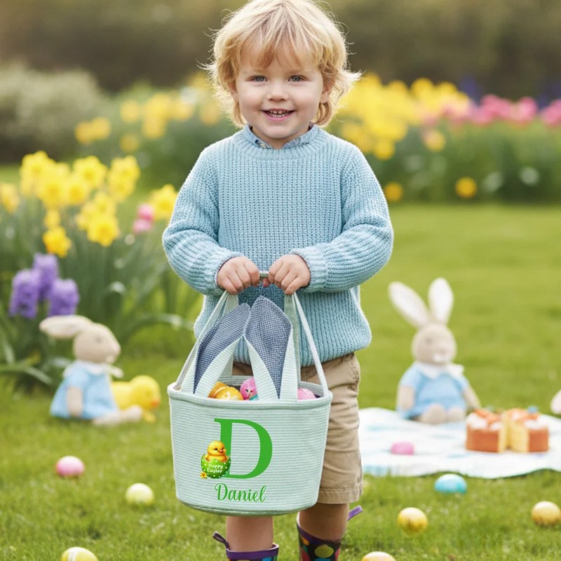 Personalized Multi Color Cute Animal Bunny Ears Easter Basket with Name and Initial Daily Use Holiday Party Easter Gift for Children