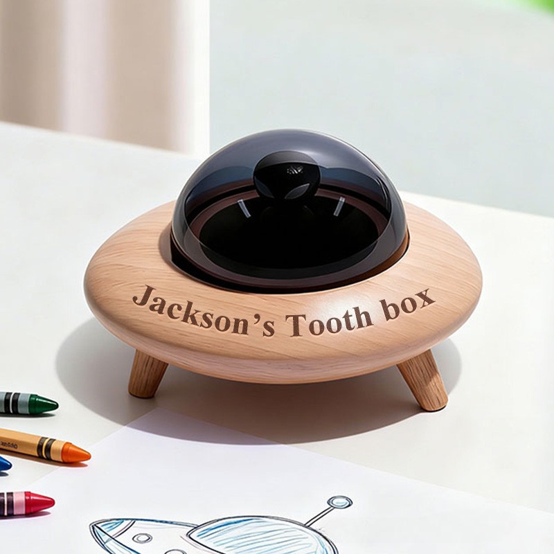 Personalized Astronaut Theme Custom Name Round Spaceship Style Wooden Memory Tooth box