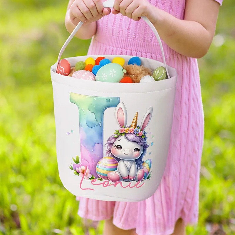 Personalized Cute Fantasy Rainbow Horse Dinosaur Canvas Easter Basket with Initial and Name Party Favor Eggs Hunting Easter Gift for Kids