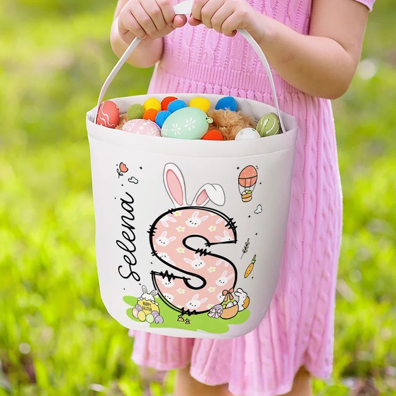 Personalized Bunny Ears Initial Hot Air Balloon Canvas Easter Basket with Name Eggs Hunting Party Easter Gift for Kids
