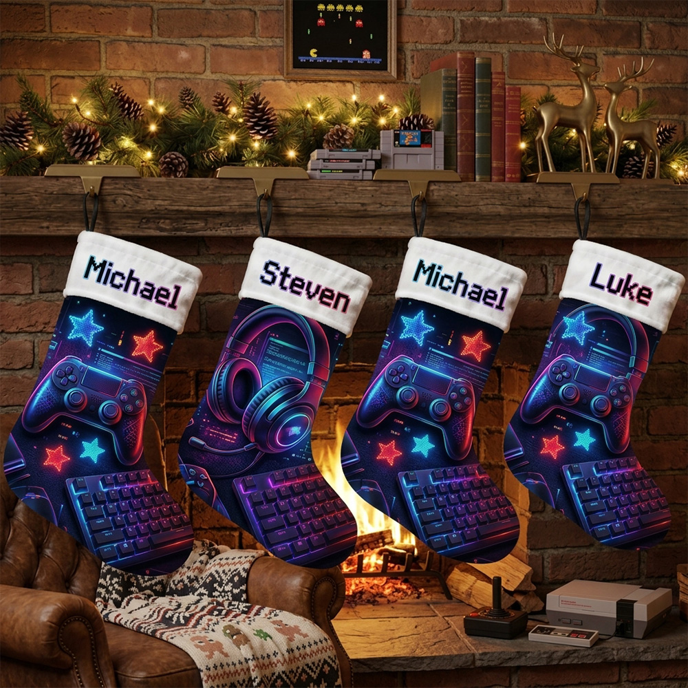 Personalized Gamer Christmas Stocking Custom Name Gaming Keyboard Head