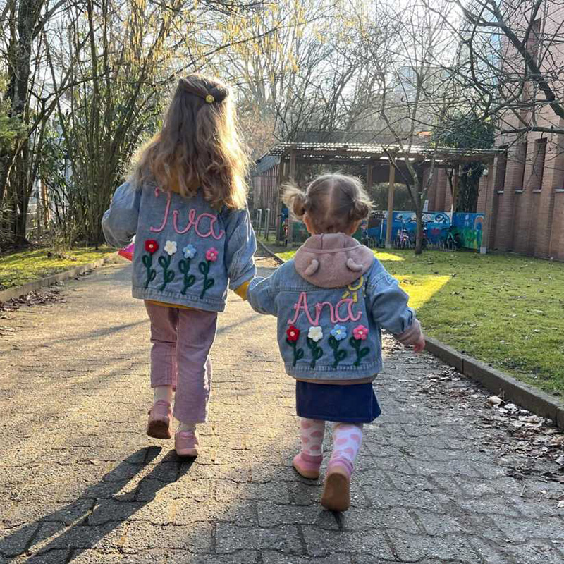 Personalized Sun and Flowers Embroidery Name Custom Cute Spring Garden Style Toddler Outfit Gift Kid Knitted Denim Jacket
