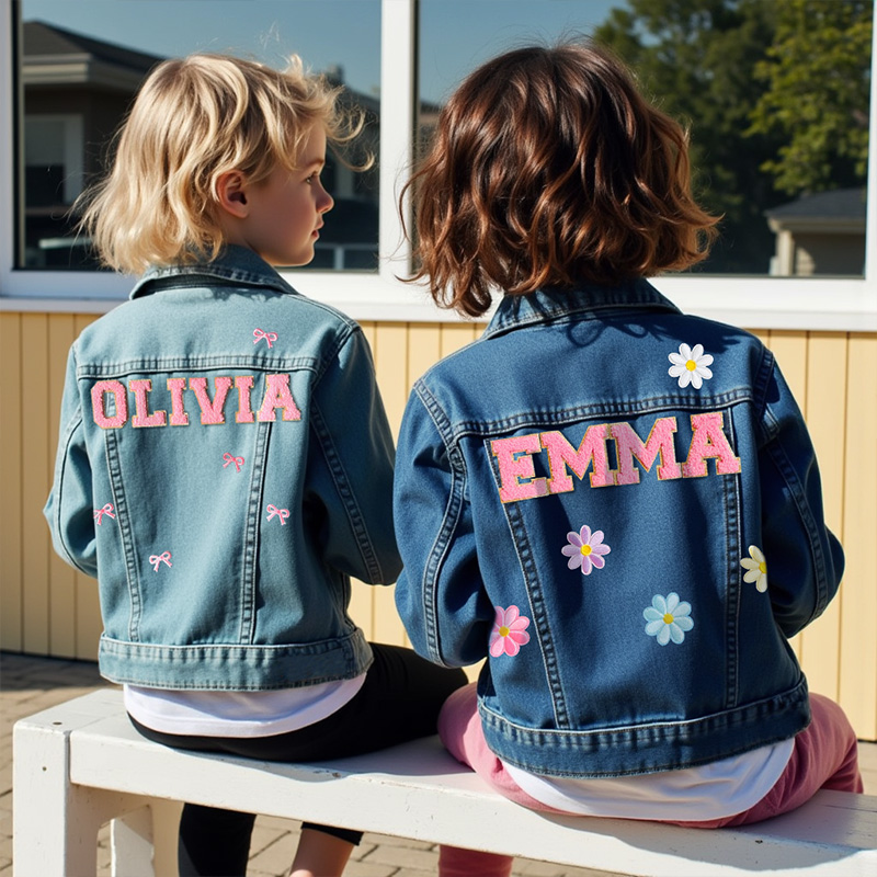 Personalized Pink Flower Custom Name Matching Sisters Outfit Spring Cute Style Kid Denim Jacket