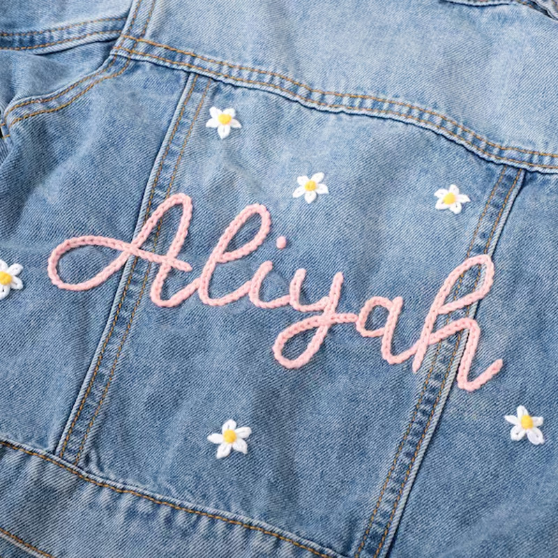 Personalized Star Embroidered Custom Name Glitter Sparkle Cute Playful Style Toddler Girl Outfit Gift Kid Denim Jacket