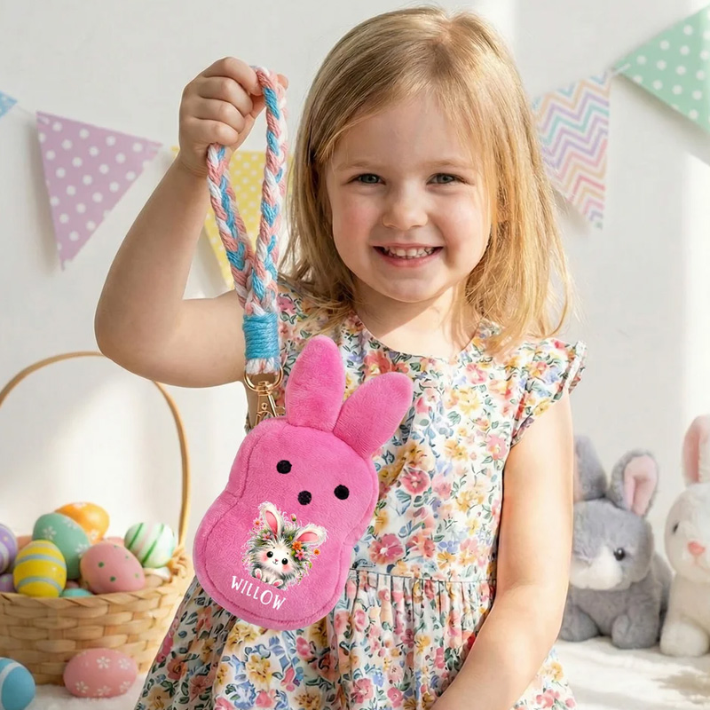 Personalized Cute Rabbit Flower Plush Bunny Ears Wallet with Name and Wristband Easter Party Birthday Gift for Boys Girls