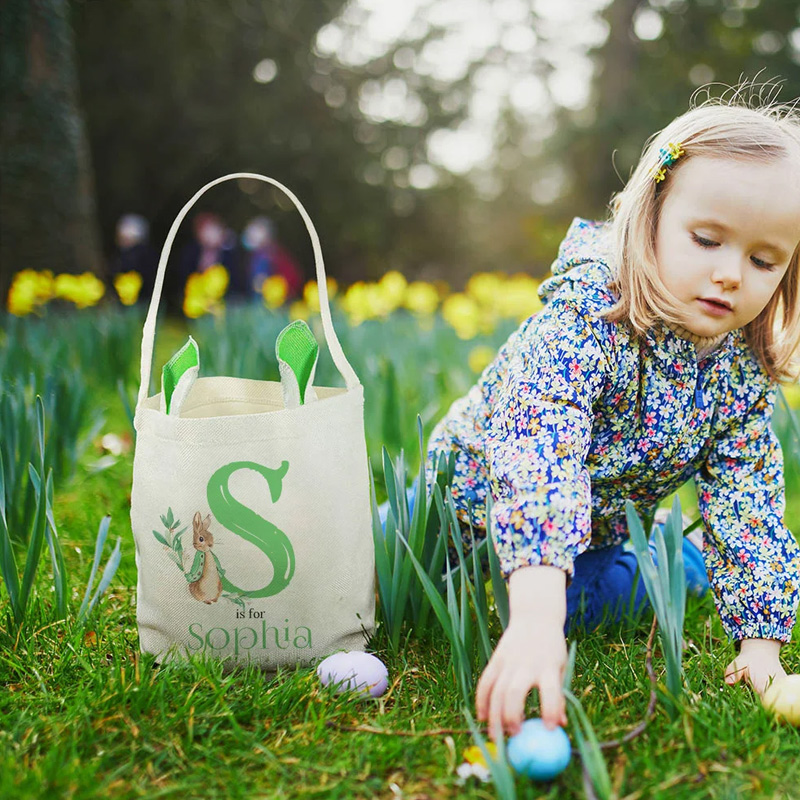Personalized Cute Peter Rabbit Bunny Ears Bucket Bag Basket with Initial and Name Easter Egg Hunt Supplies Birthday Party Favors Gift for Kids