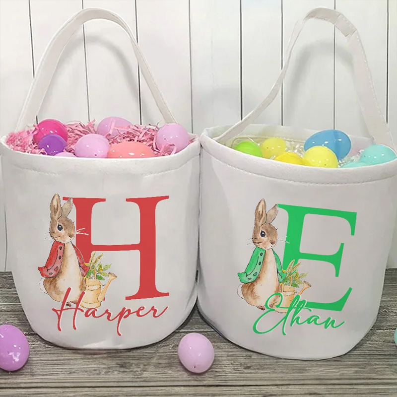 Personalized Cute Bunny with Initial and Name Large Canvas Candy Basket with Handle Funny Easter Eggs Hunting Gift for Boys Girls