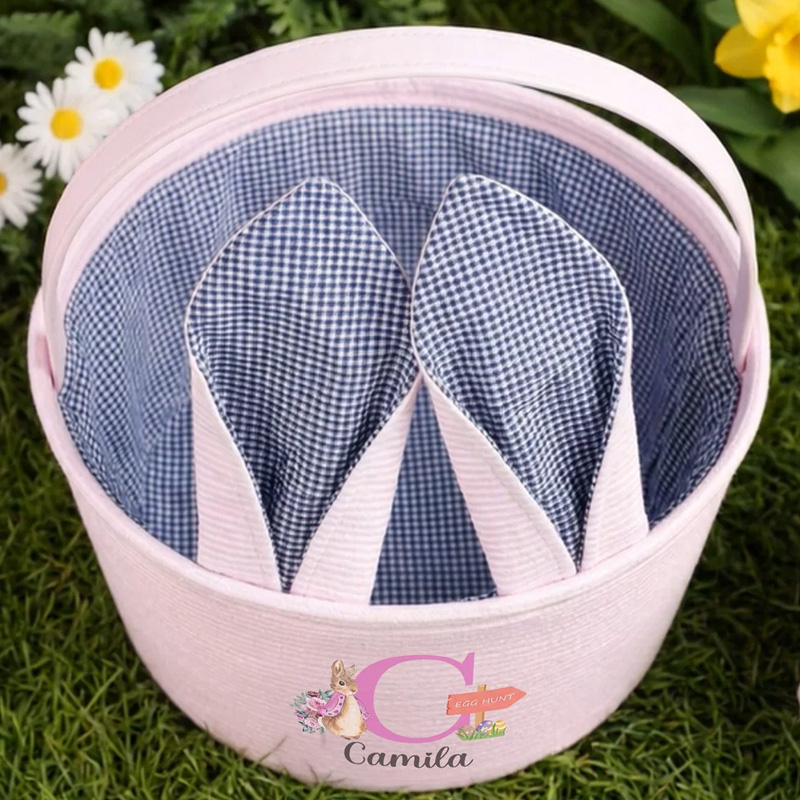 Personalized Cute Peter Rabbit Ears Stripe Easter Basket with Name and Initial Easter Party Favor Eggs Hunting Gift for Kids