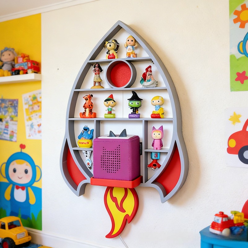 Rocket Shaped Wall Shelf Creative 3D Printed Kids Room Organizer Perfect for Displaying Toys, Figurines, and Space Themed Nursery Decor