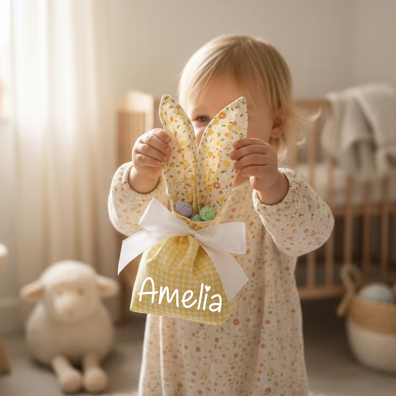 Personalized Easter Theme Custom Name Cute Reusable Fabric Gift Pouches Kids Party Bunny Ear Treat Bags