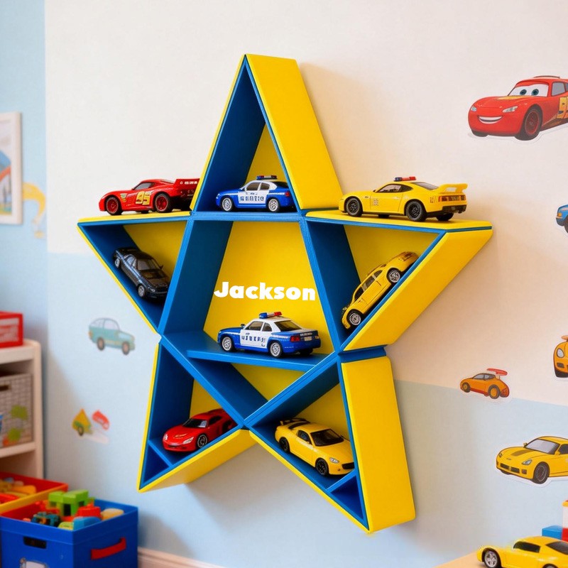 Personalized Custom Name Star Shaped Wall Mounted Shelf Creative 3D Printed Kids Room Organizer Perfect for Displaying Toy Cars Collectibles and Nursery Decor