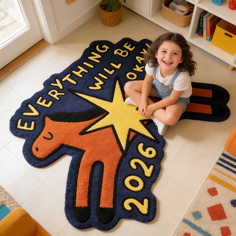 Personalized Everything Will Be Okay 2026 Positive Quote Colorful Horse Shape Gift For Kids Playroom Rug