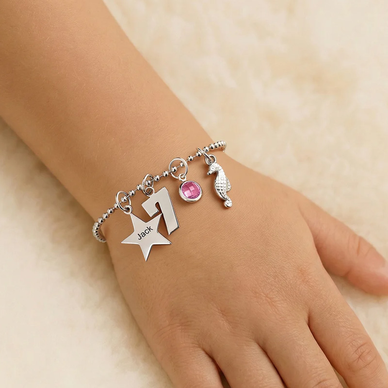 Personalized Lucky Star Heart Seahorse Ballerina Pendant Bead Chain Bracelet with Birthstone Number and Engraved Name Birthday Gift for Kids Girls