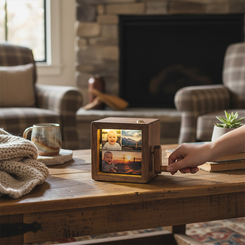 Personalized Creative Retro Wooden Movie Memory Display Box Vintage Photo Player Gift Hand-Cranked Photo Frame