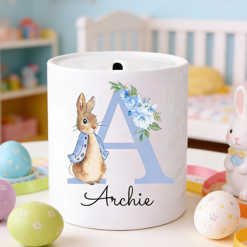 Personalized Bunny Initial Name Floral Letter Baby Gift Ceramic Money Box Nursery Keepsake Piggy Bank