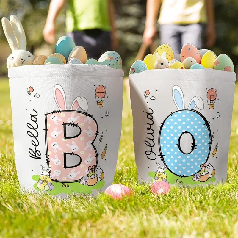 Personalized Bunny Ears Initial Hot Air Balloon Canvas Easter Basket with Name Eggs Hunting Party Easter Gift for Kids