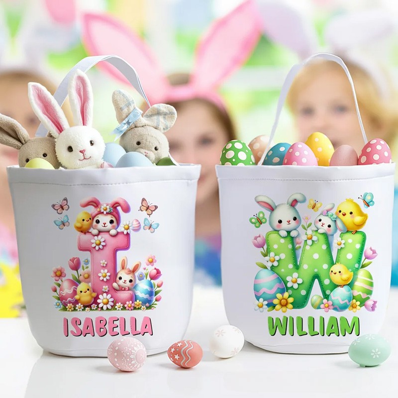 Personalized Cartoon Bunny Easter Eggs Large Capacity Canvas Easter Basket with Name and Initial Eggs Hunting Party Easter Gift for Kids