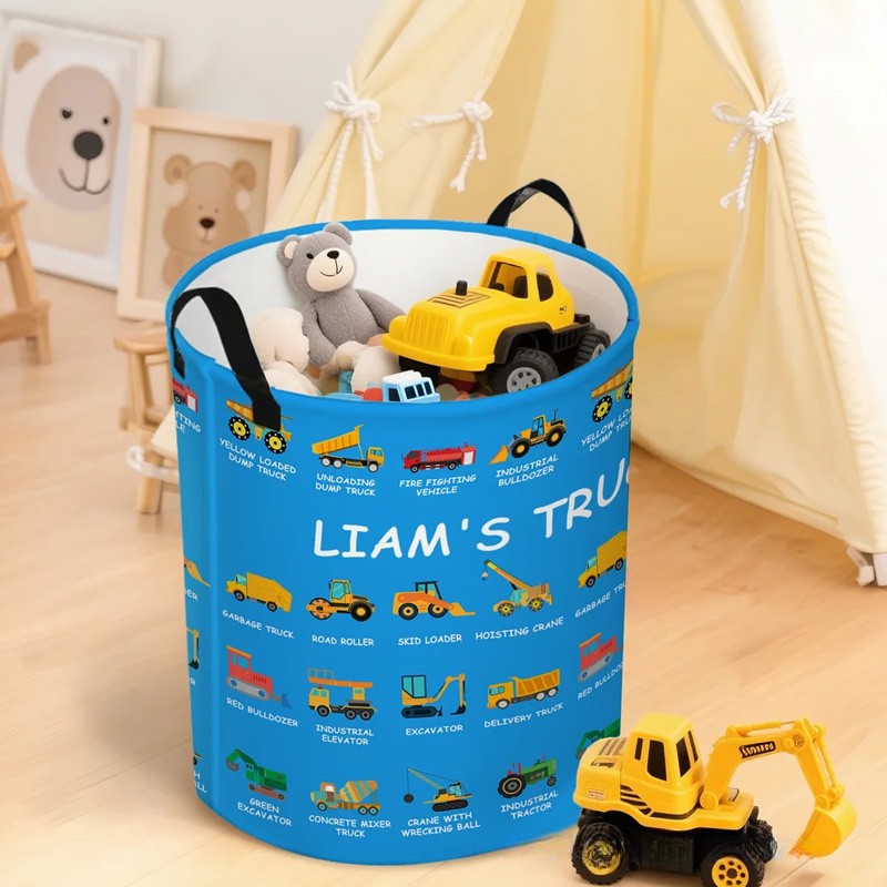 Building Fun One Load at a Time - Personalized Construction Truck Excavator Bulldozer Waterproof 40L Laundry Basket - Gift for Boys Girls Truck Lovers