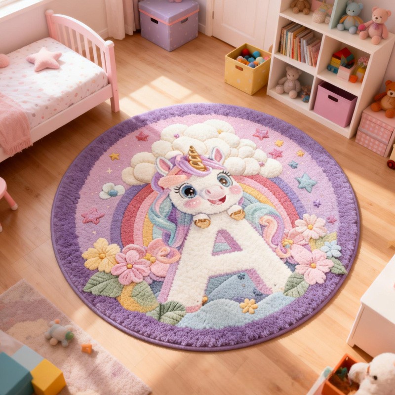 Personalized Dream Horse Theme Custom Name Rainbow Cloud Magical Letter A Round Carpet Rug for Kids