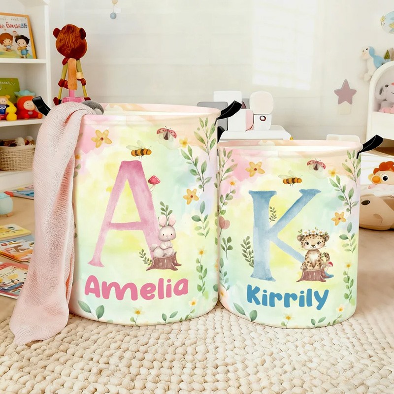 Personalized Cartoon Forest Animal Laundry Storage Basket with Name and Initial Daily Use Birthday Gift for Friend Family