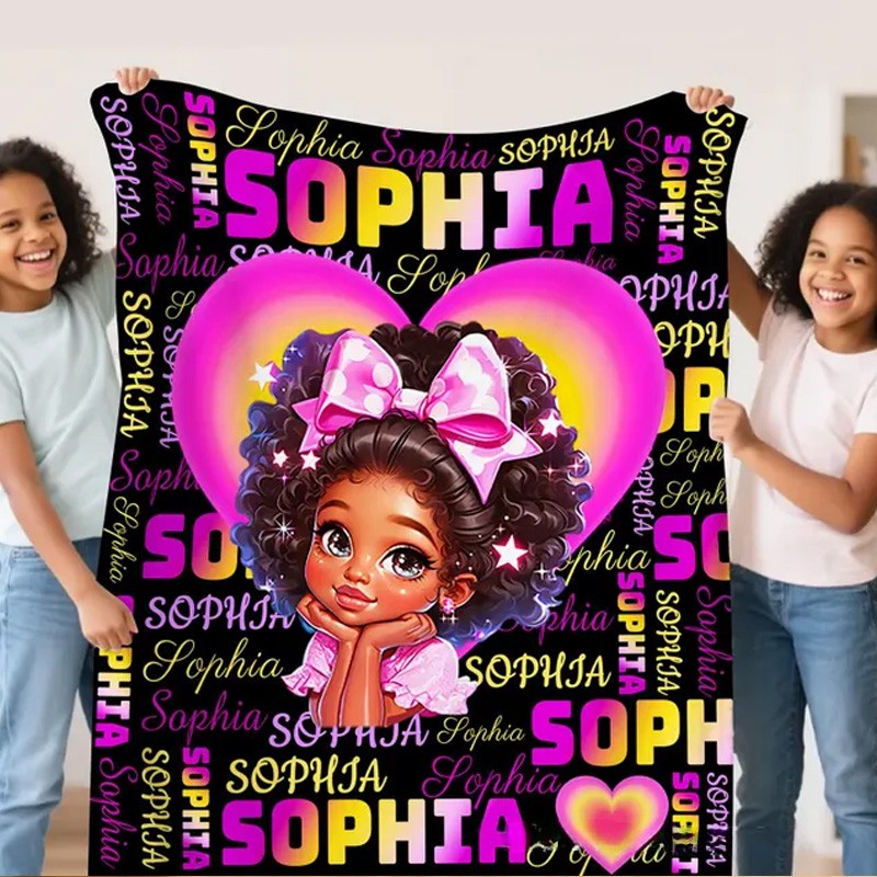 Personalized Cute Girl Theme Custom Name Pink Heart Background Afro Hair Bow Art Design Blanket