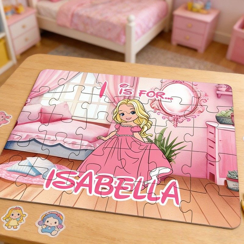 Personalized Beautiful Princess Theme Custom Name Pink Dress Castle Room Background Design Puzzle