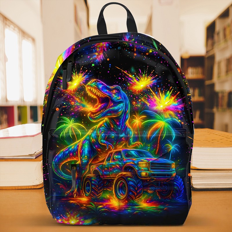 Personalized Unique T Rex Theme Custom Name Colorful Galaxy Adventure Kids School Backpack