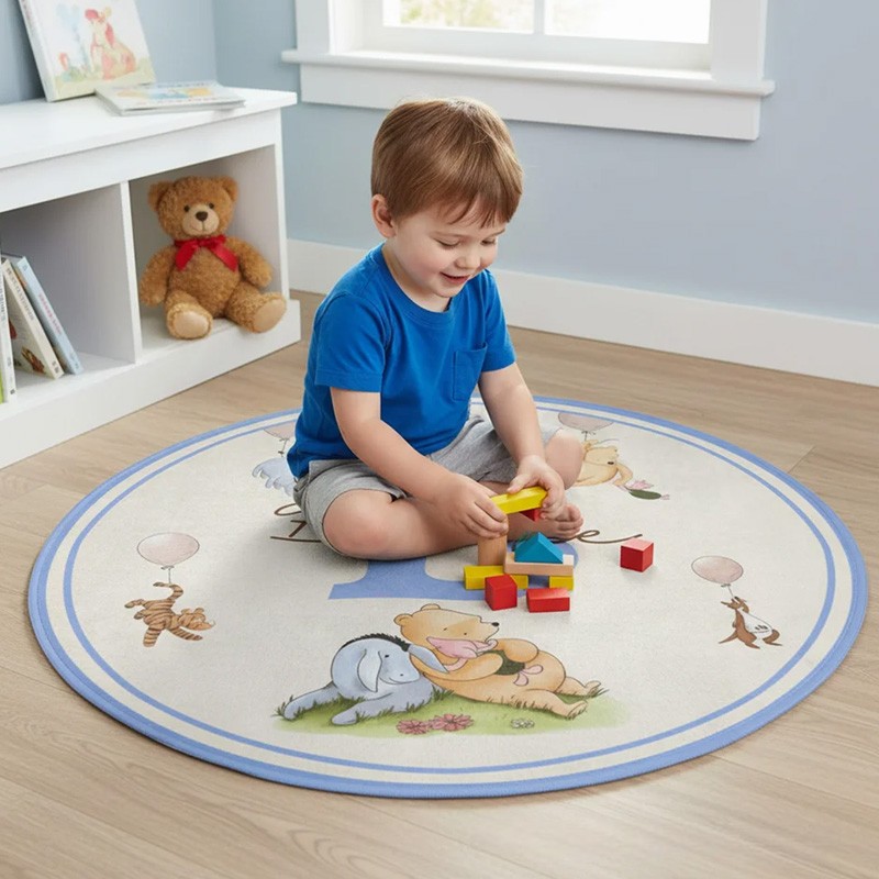Personalized Classic Winnie the Pooh Initial Round Anti-Slip Coral Fleece Doormat Rug with Name Nursery Decor Baby Shower Birthday Gift for Kids