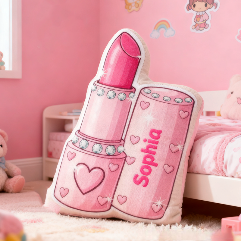 Personalized Pink Glitter Lipstick with Name Graphic 3D Print Pillow Christmas Gift for Kids 