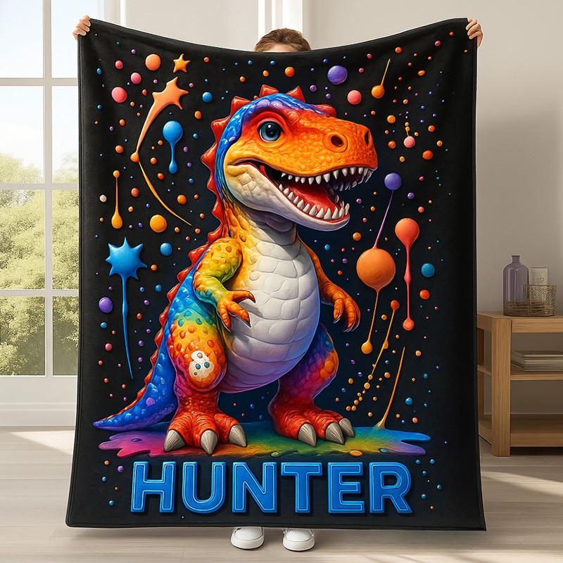 Personalized Vibrant Dino Artwork Custom Name Warm Flannel Bedding Gift For Children Blanket Blanket