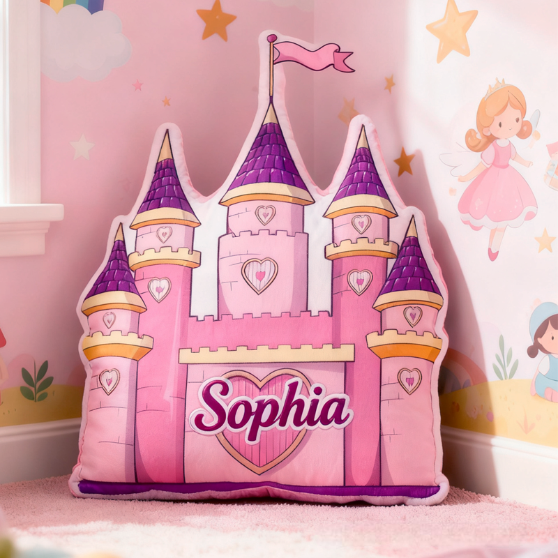 Personalized Cute Pink and Purple Castle with Name Graphic 3D Print Pillow Christmas Gift for Kids 
