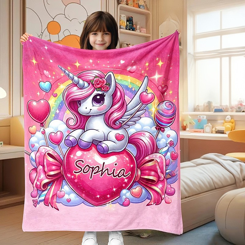 Personalized Cute Dream Horse Blanket With Rainbow And Heart For Girls Bedroom Blanket