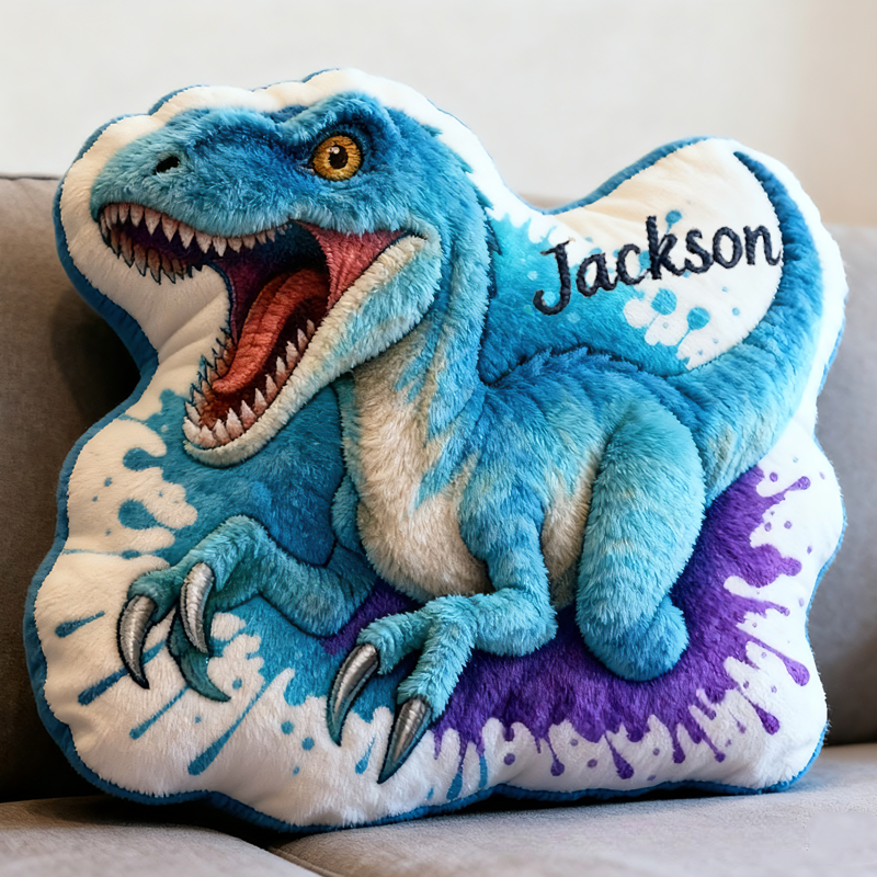 Personalized Blue Raptor Dinosaur Roaring With Splatter Art Kids Room Graphic 3D Print Pillow