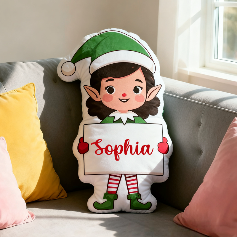 Personalized Cartoon Cute Elf with Name Pillow Christmas Gift for Kids Family