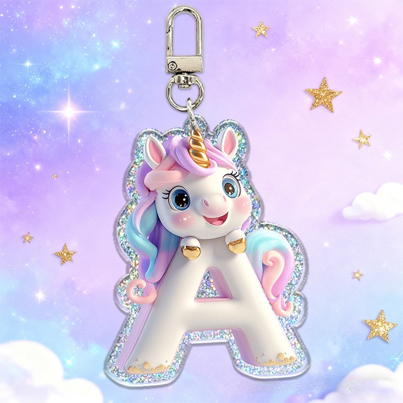 Personalized Dream Horse Initial Custom Name Soft Decorative Gift Magical Rainbow Style Cute Pink Blue Star Dream Fantasy Lovely Girl Accessory Sparkle Charm Glitter Keychain