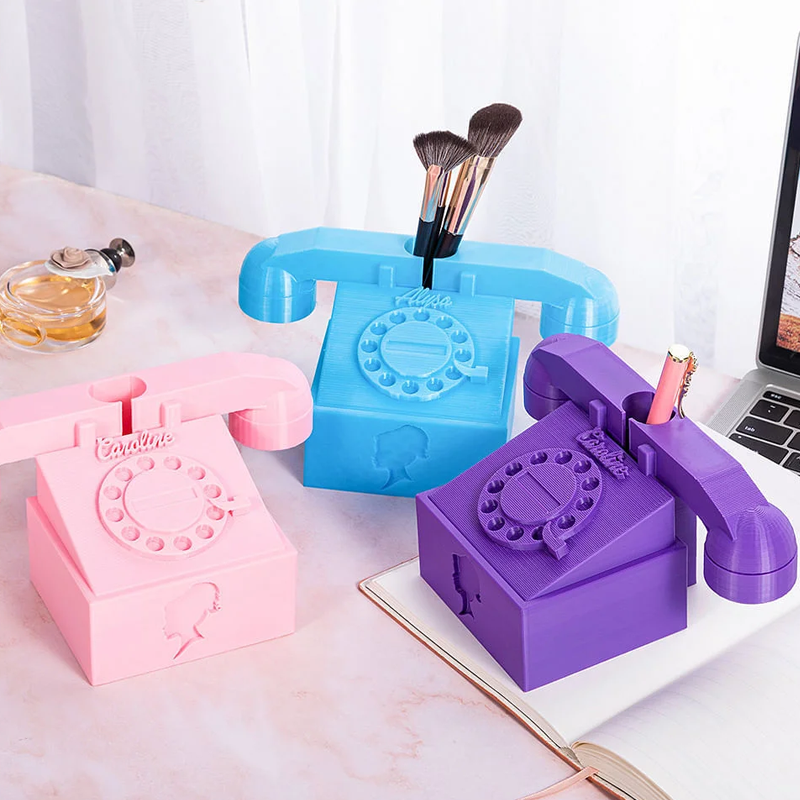 Personalized 3D Pink Doll Inspired Telephone Design Brush Holder with Name Desk Decoration Birthday Gift for Girls Kids