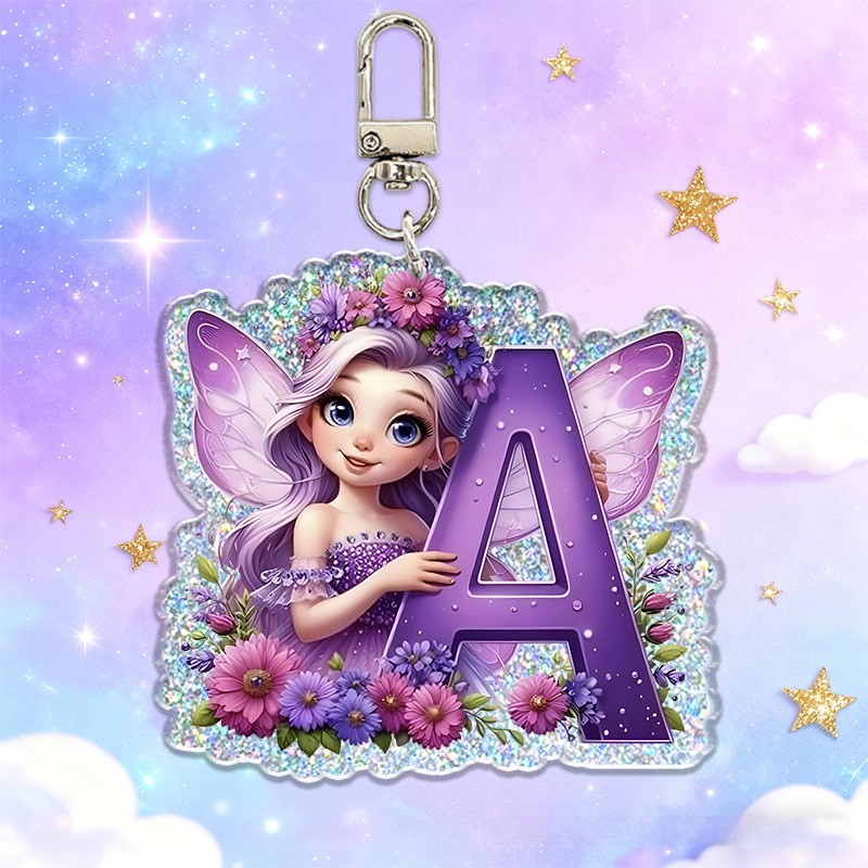 Personalized Fairy Initial Custom Name Soft Decorative Gift Magical Flower Garden Style Purple Sparkle Dream Cute Fantasy Girl Charm Lovely Glitter Keychain Sale-megacustom
