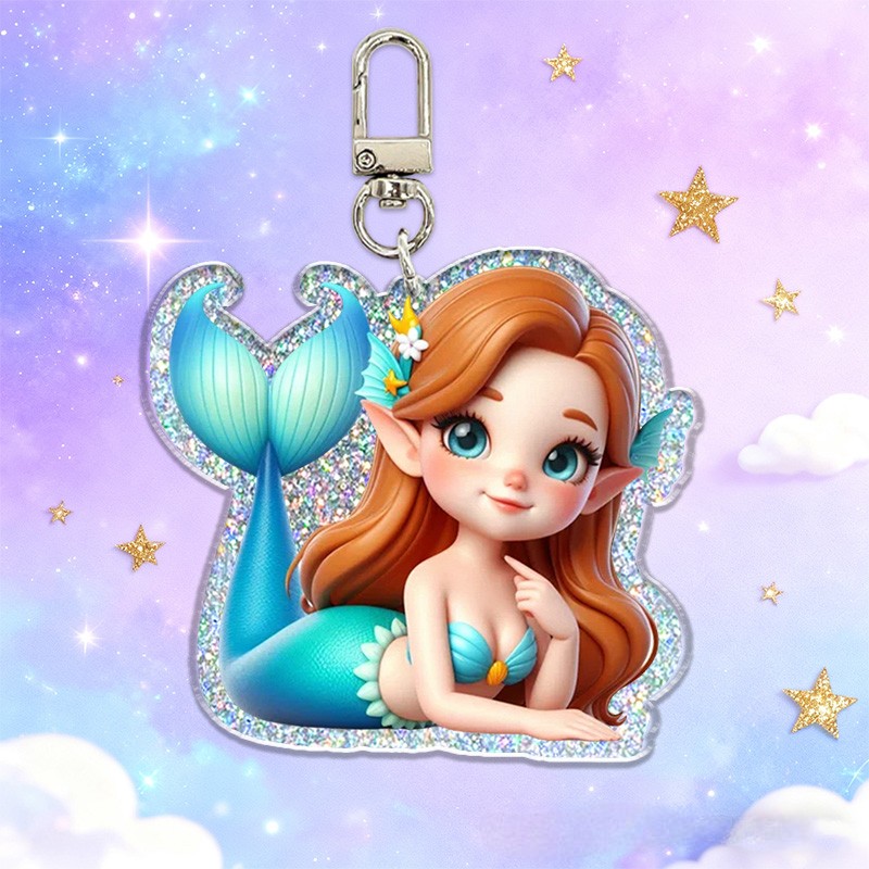 Personalized Mermaid Initial Custom Name Soft Decorative Gift Ocean Fantasy Style Blue Sparkle Dream Cute Sea Princess Charm Lovely Magical Girl Accessory Glitter Keychain