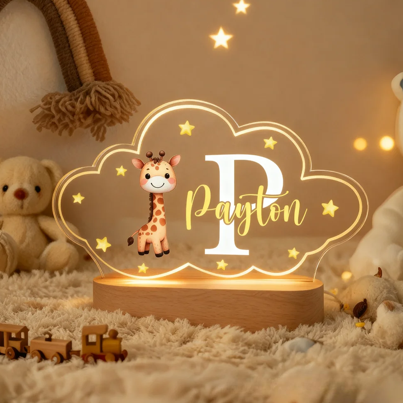 Personalized Cute Animals Star Cloud Style Acrylic LED Night Light with Wooden Base and Name Birthday Anniversary Gift for Kid Newborn