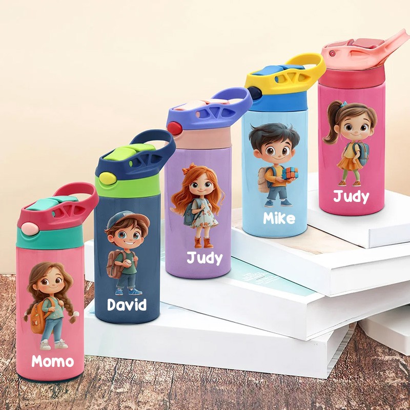 Personalized Cute Cartoon Character Name 12 oz Insulated Water Bottle with Straw and Spill-Proof Lid Back to School Gift for Boys Girls