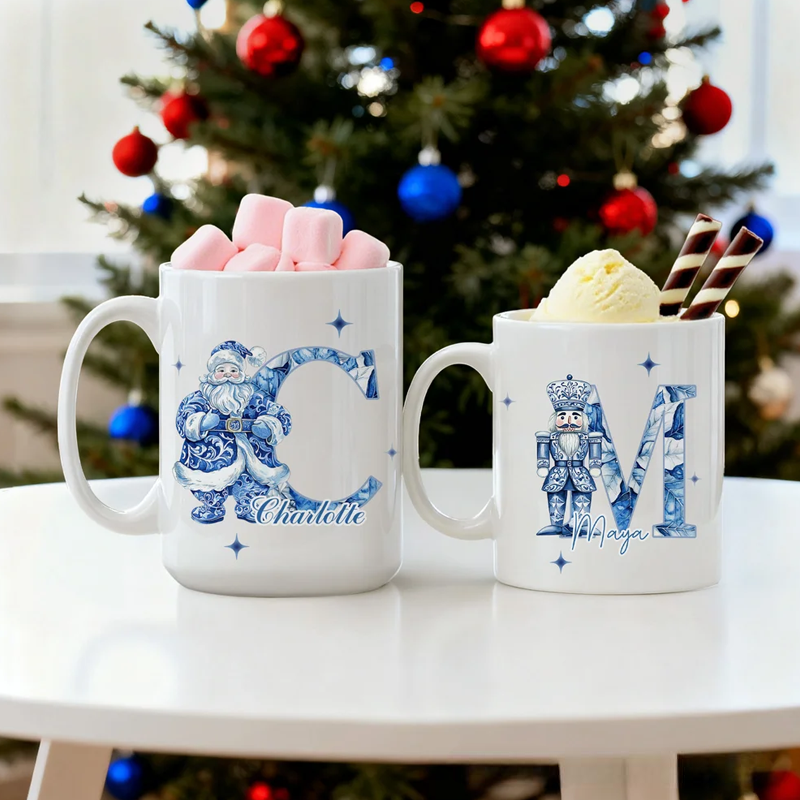Personalized Toile De Jouy Snowman Santa Claus Nutcracker 11 oz 15 oz Ceramic Mug with Name Christmas Gift 