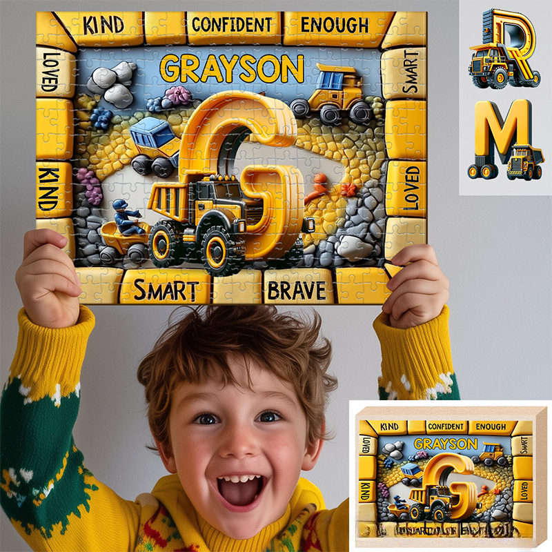 Personalized Kid Jigsaw Puzzle Construction Vehicles Letter Gift for Grankids 