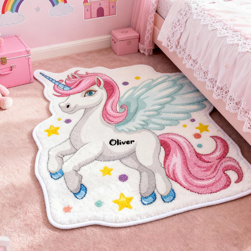 Personalized Dream Horse Pegasus Name Custom Soft Decorative Gift Magical Rainbow Style Cute Fantasy Dream Lovely Princess Cozy Bedroom Playroom Starry Carpet Rug for Kids