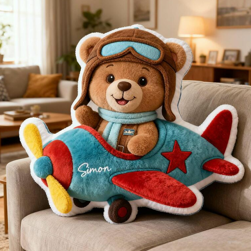 Personalized Bear Name Custom Soft Decorative Gift Adventure Style Cute Pilot Fun Cozy Playroom Lovely Boy Room Dream Graphic 3D Print Pillow
